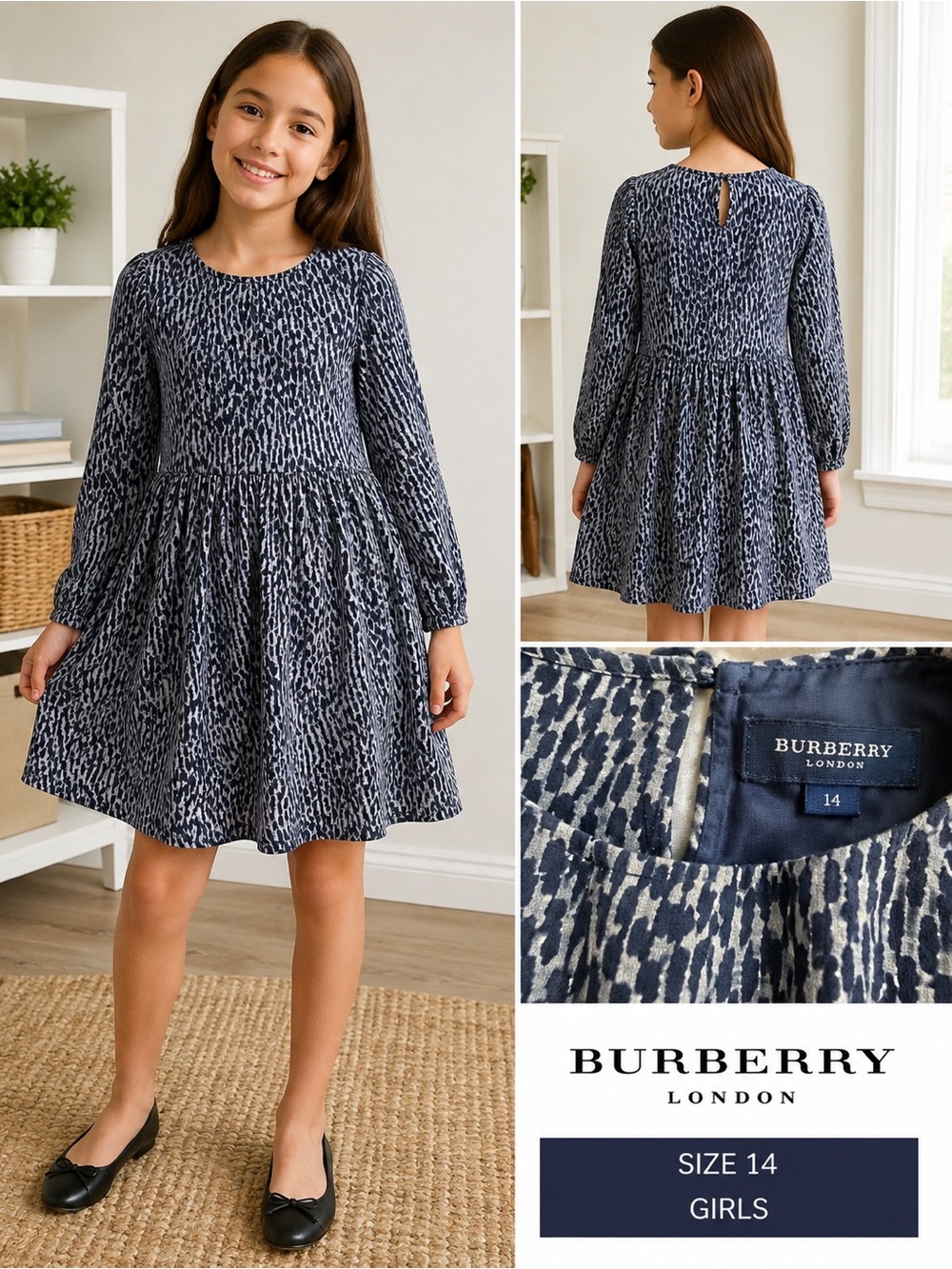 Burberry Girls Navy and Cream Patterned Long-Sleeve silk Dress